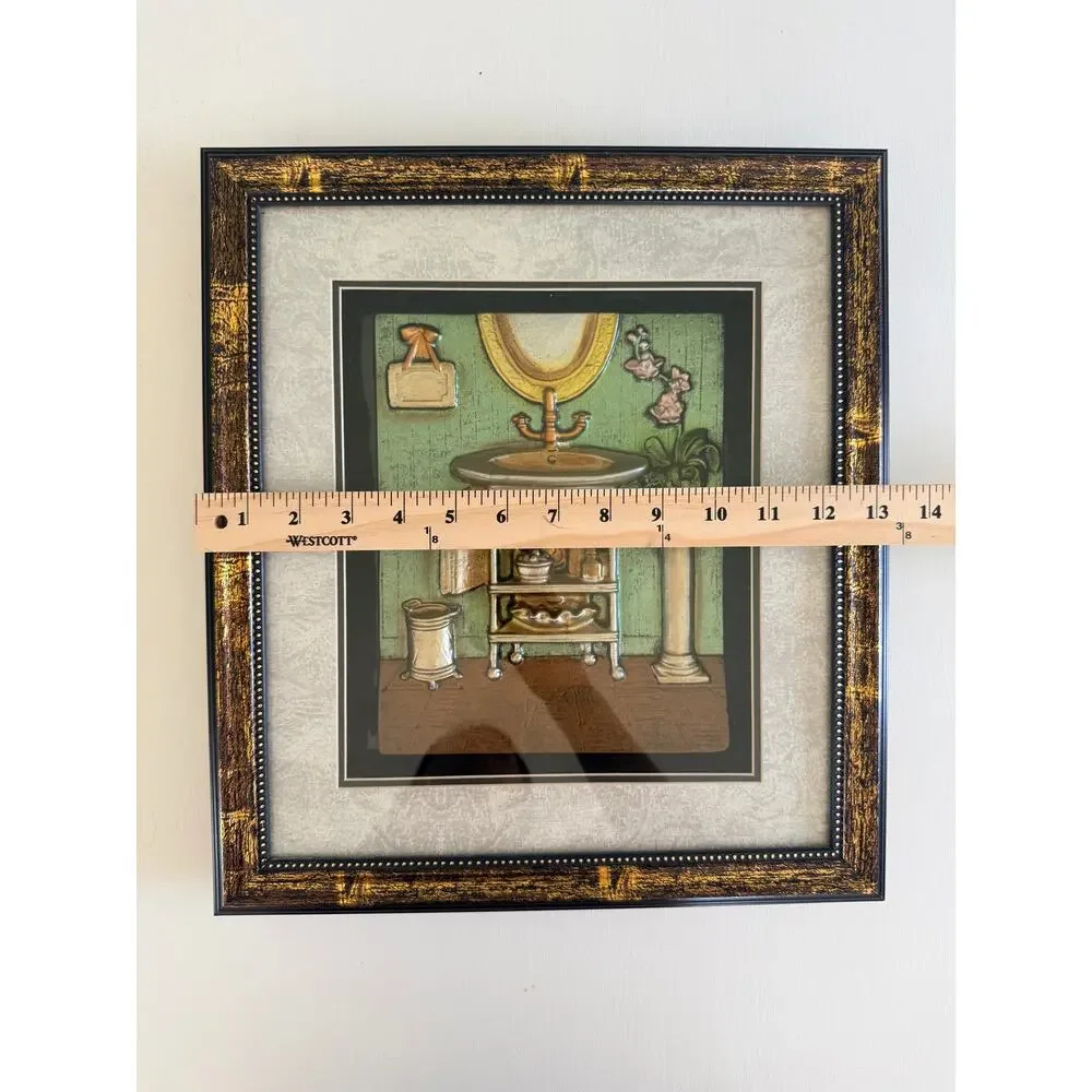 Vintage 3D Bathroom Wall Art, Shadow Box Decor, Framed Sink & Tub Scenes, 2pk